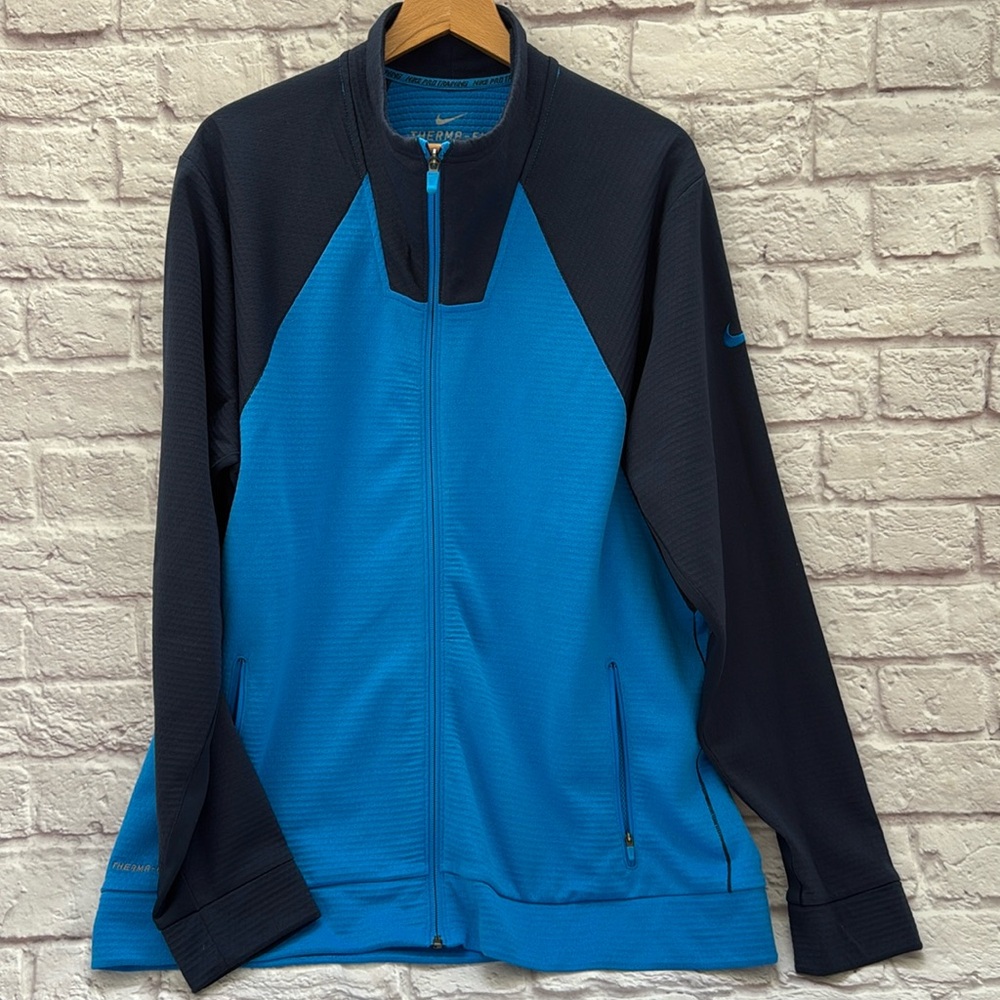Nike Men's Blue and Black full zip Therma Fit sweatshirt